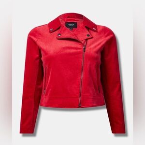 Stunning Jester Red Velveteen Moto Jacket - Size 12/14